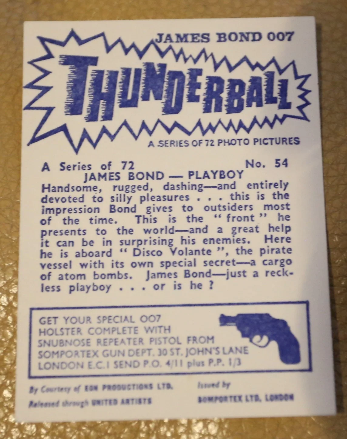 JAMES BOND SOMPORTEX THUNDERBALL 1966 ORIGINAL TRADING CARD EX COND NUMBER 54, изображение 2