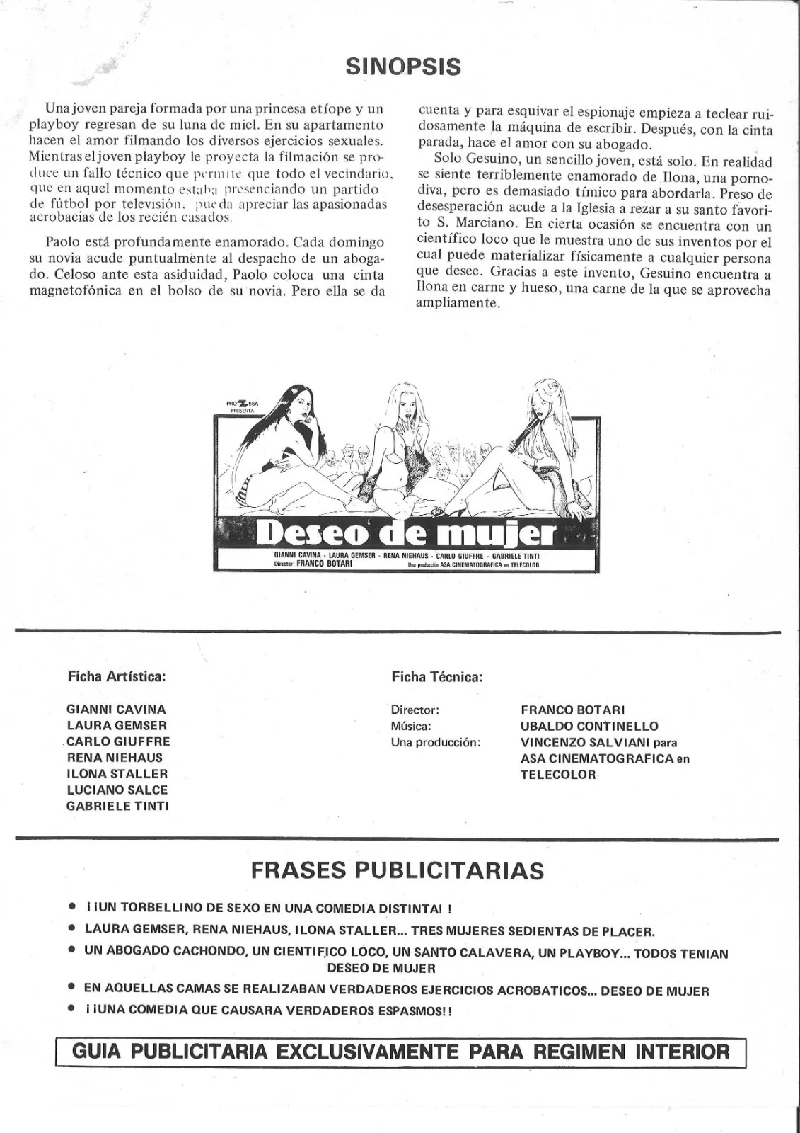 DESEO DE MUJER (1) / ORIGINAL SPANISH PRESS SHEET / LAURA GEMSER / CICCIOLINA, image 2
