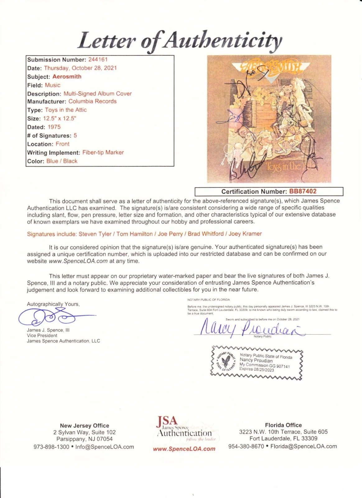 Aerosmith Autographed Signed Toys in the Attic Vinyl Album JSA Letter COA, изображение 2