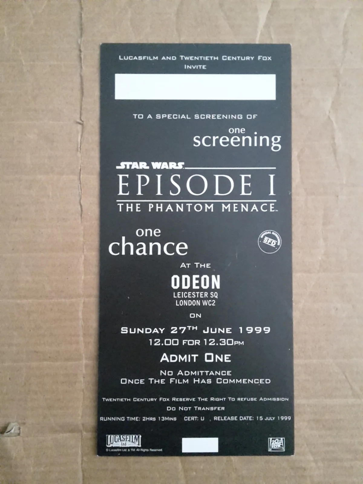 STAR WARS PHANTOM MENACE INVITATION/TICKET SPECIAL SCREENING 1999 ODEON, image 2
