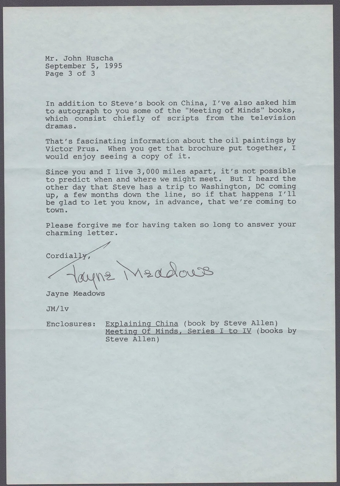 Jayne Meadows — JAYNE MEADOWS - TYPED LETTER SIGNED 09/05/1995, image 3