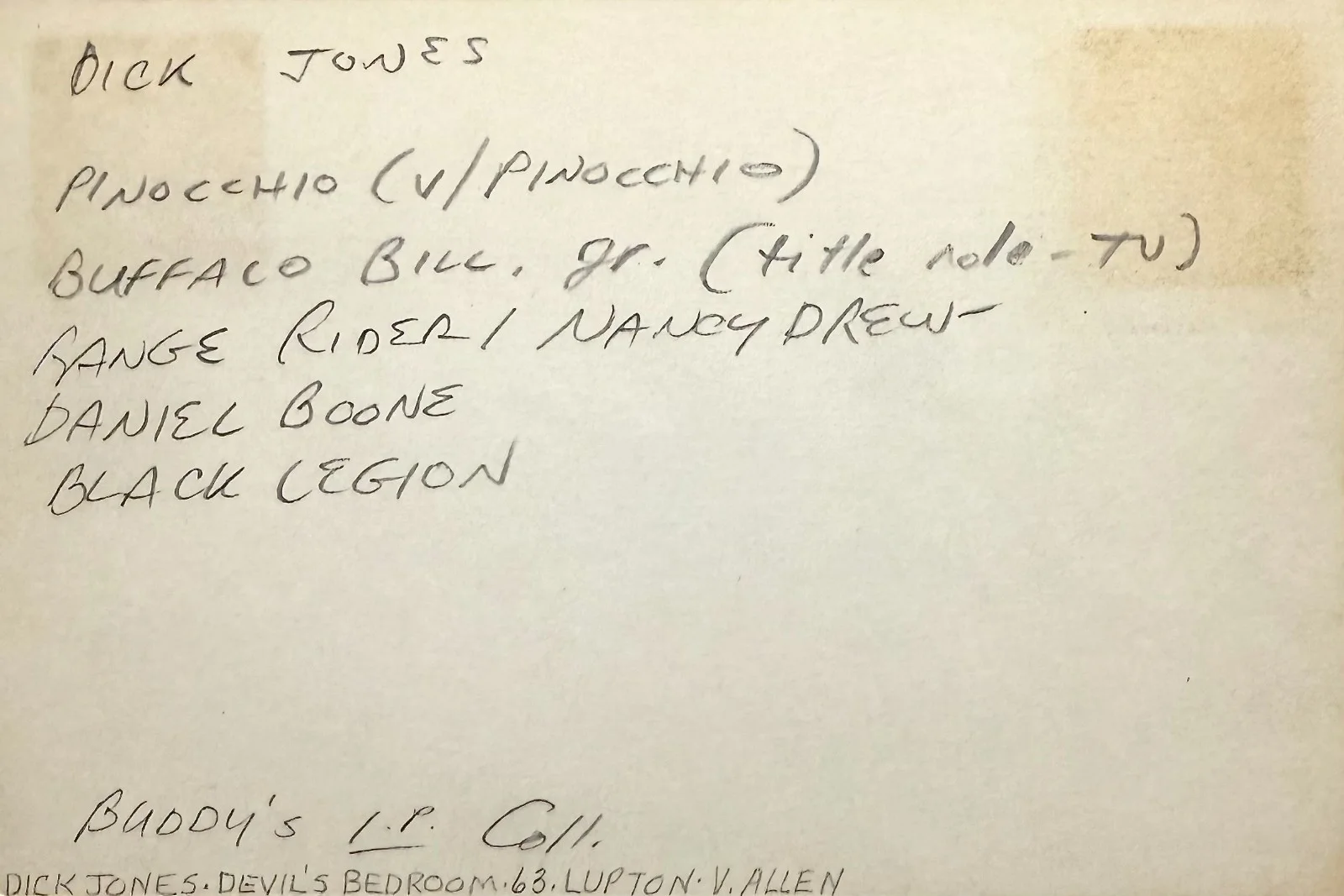 Dick Jones — DICK JONES Autograph Signed 4x6 INDEX CARD Pinocchio The Frontiersmen FORT WORTH, изображение 2