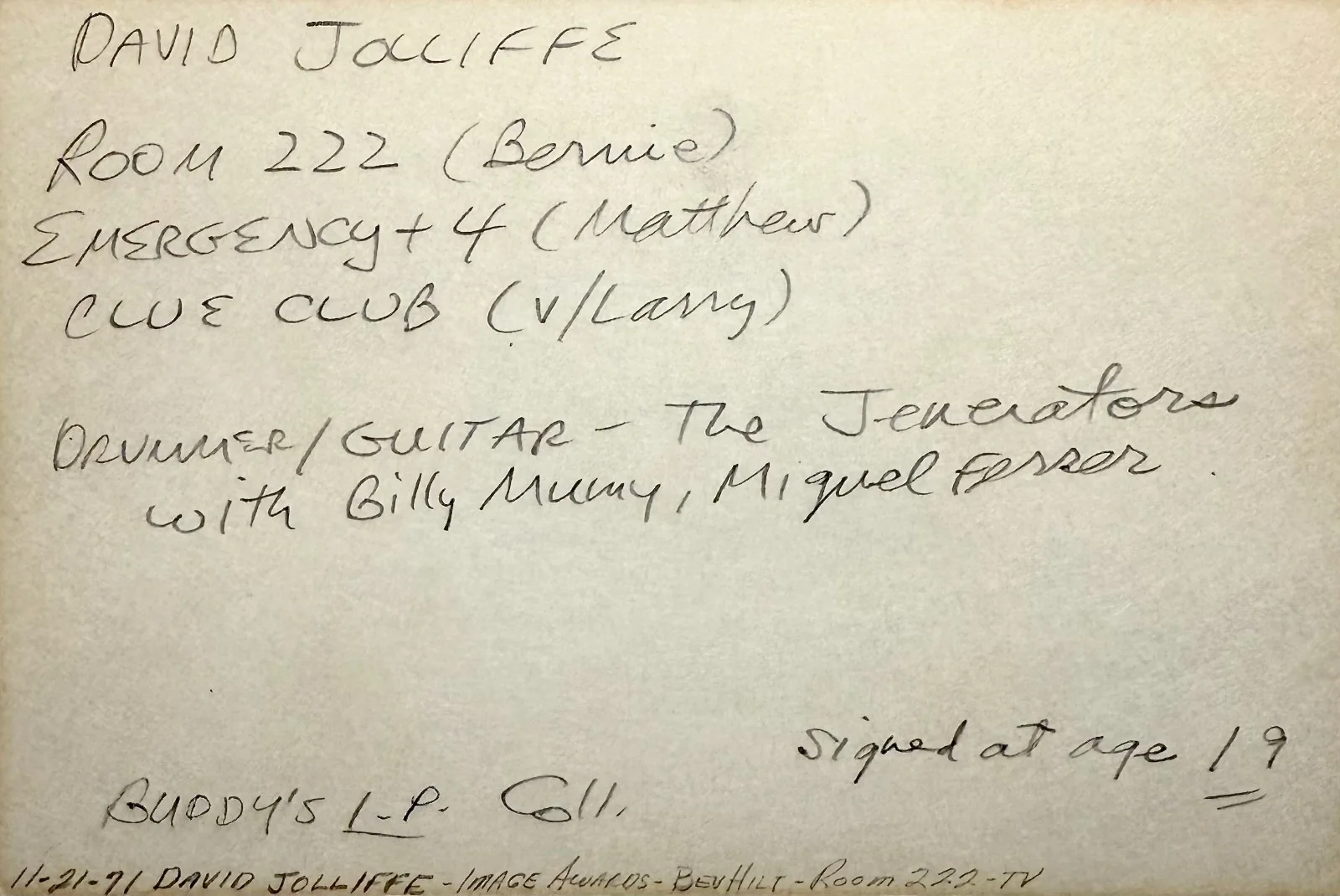 David Jolliffe — DAVID JOLLIFFE Signed Autographed 4x6 INDEX CARD Battle of the Planets ROOM 222, изображение 2