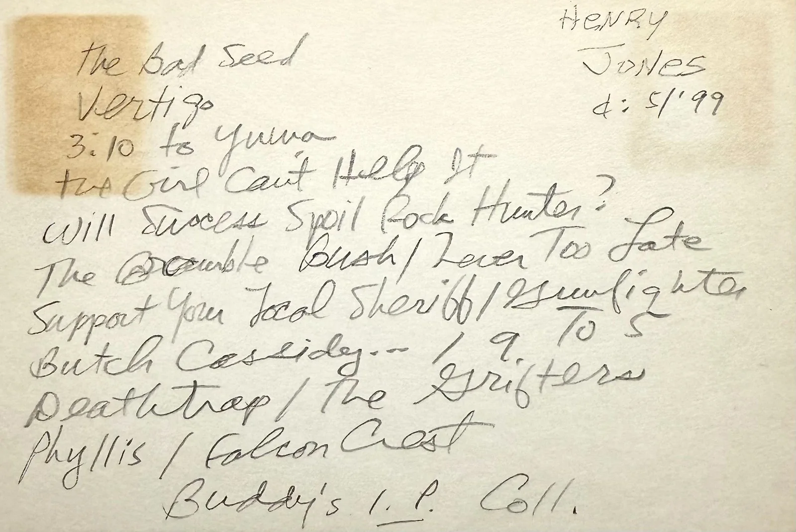 Henry Jones — HENRY JONES Signed Autograph 4x6 INDEX CARD 3:10 to Yuma Project X THE BAD SEED, image 2