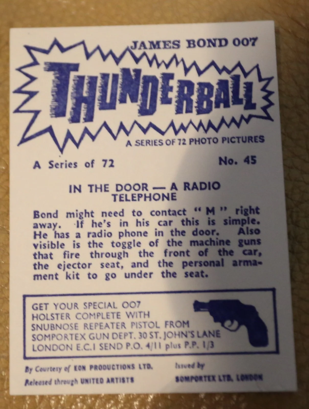JAMES BOND SOMPORTEX THUNDERBALL 1966 ORIGINAL TRADING CARD EX COND NUMBER 45, image 2