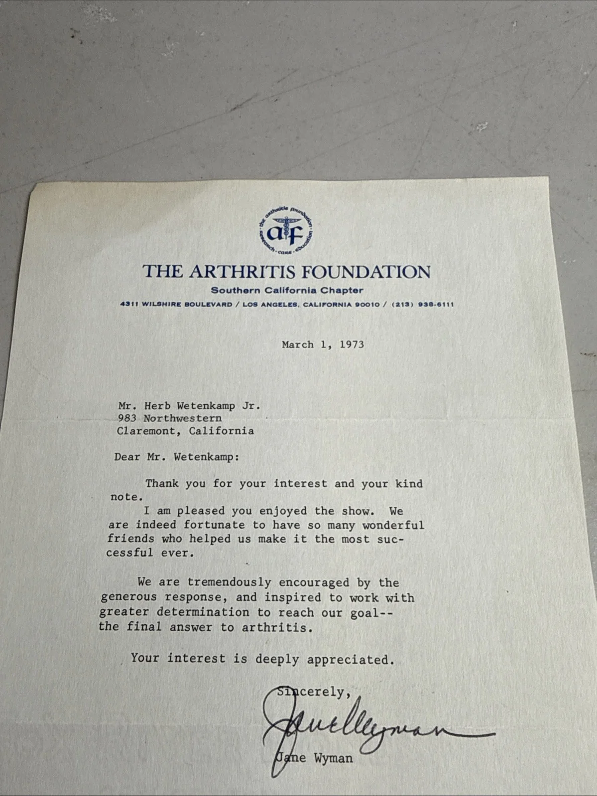 Jane Wyman — Jane Wyman Signed Arthritis Foundation Letter 1973 + Original Envelope Auto, image 3