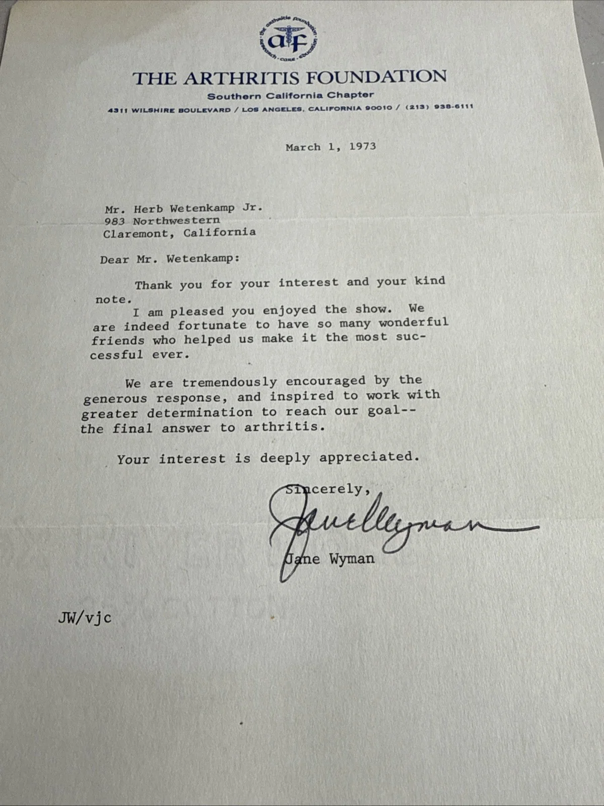 Jane Wyman — Jane Wyman Signed Arthritis Foundation Letter 1973 + Original Envelope Auto, image 4
