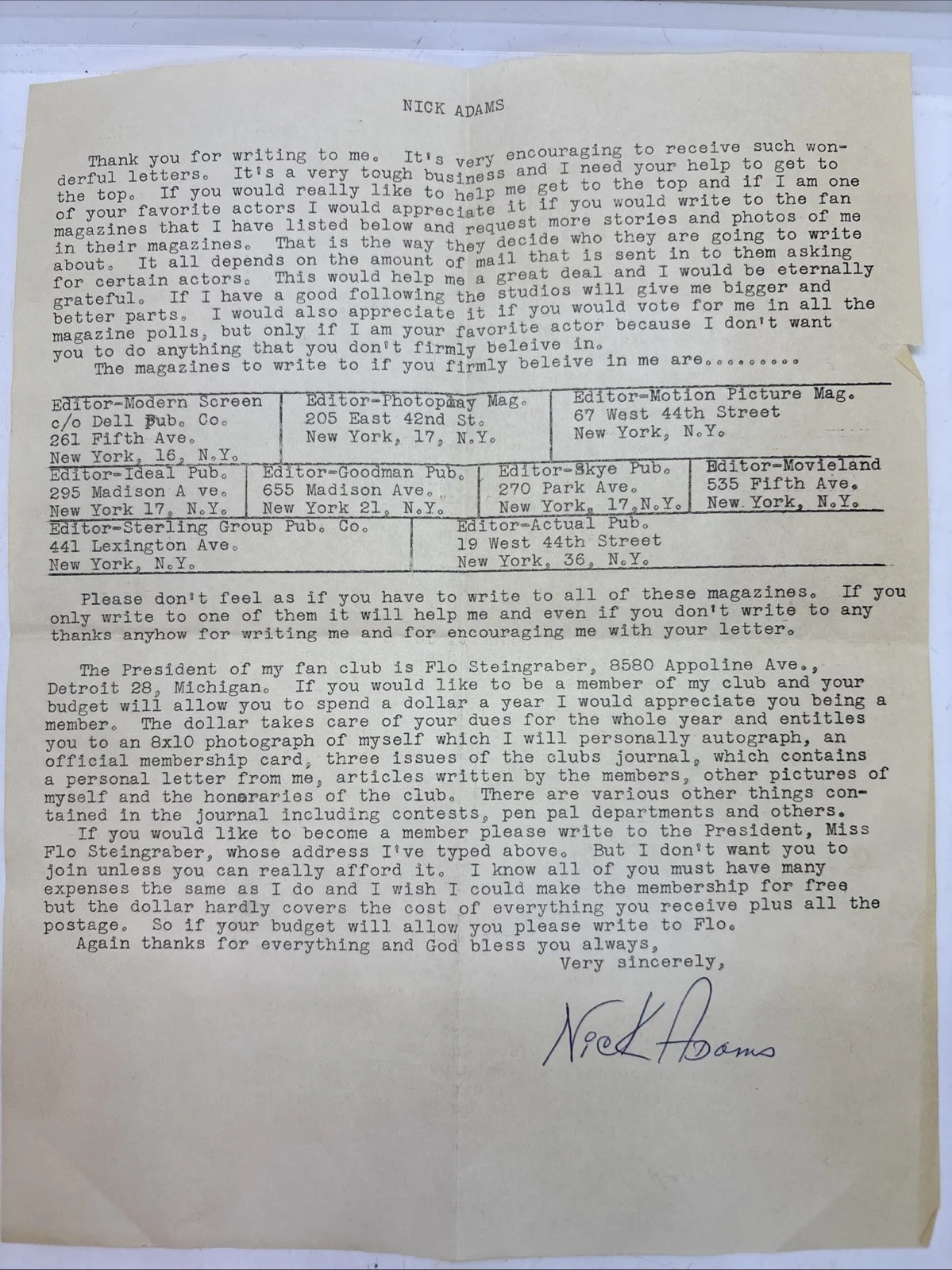 NICK ADAMS (1931-1968) Hand Signed Photo and Personal Typed Letter, image 2