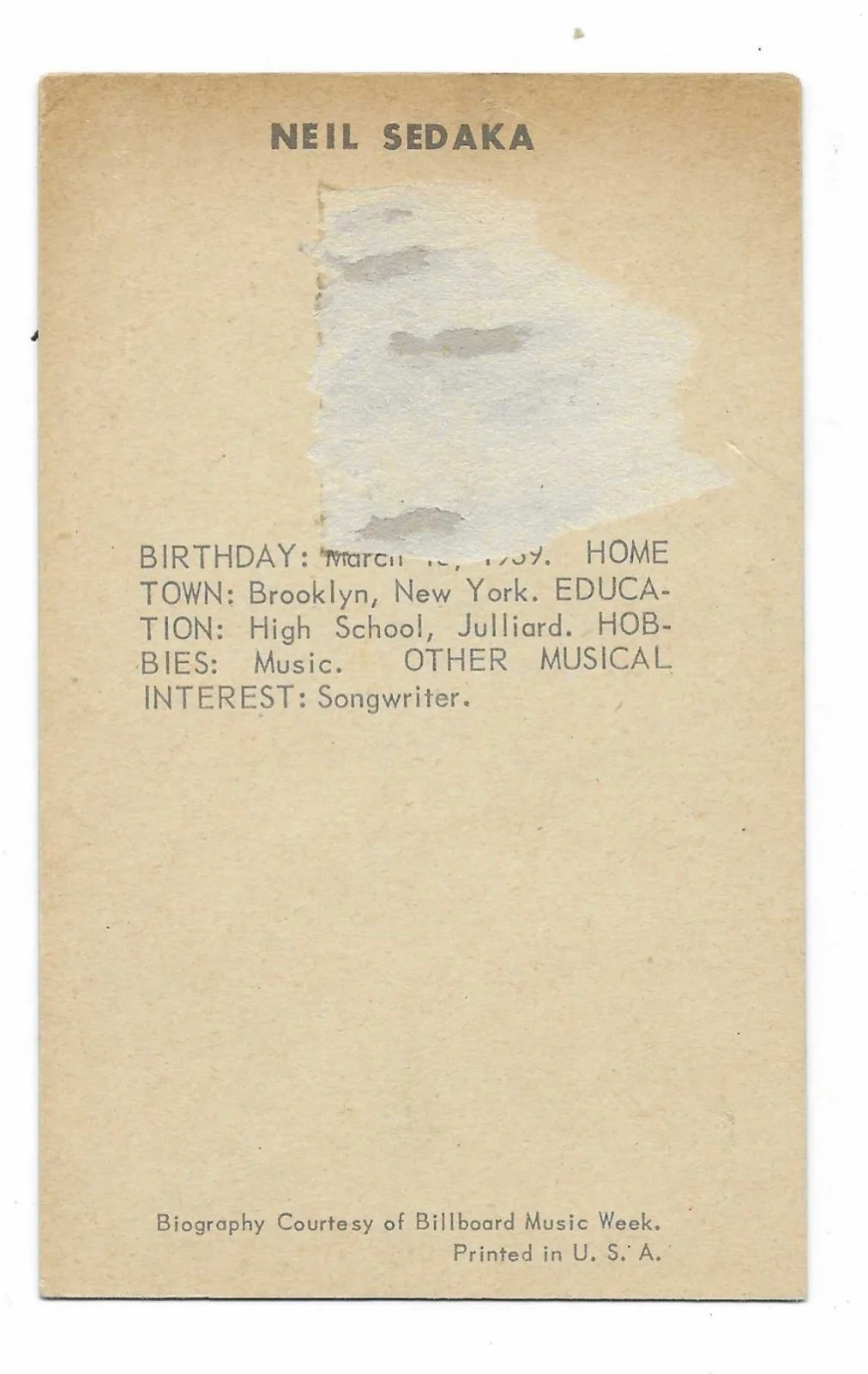 RARE 1960 AUTOGRAPHED EXHIBIT CARD neil sedaka ROOKIE jewish GREAT DEAL, изображение 2