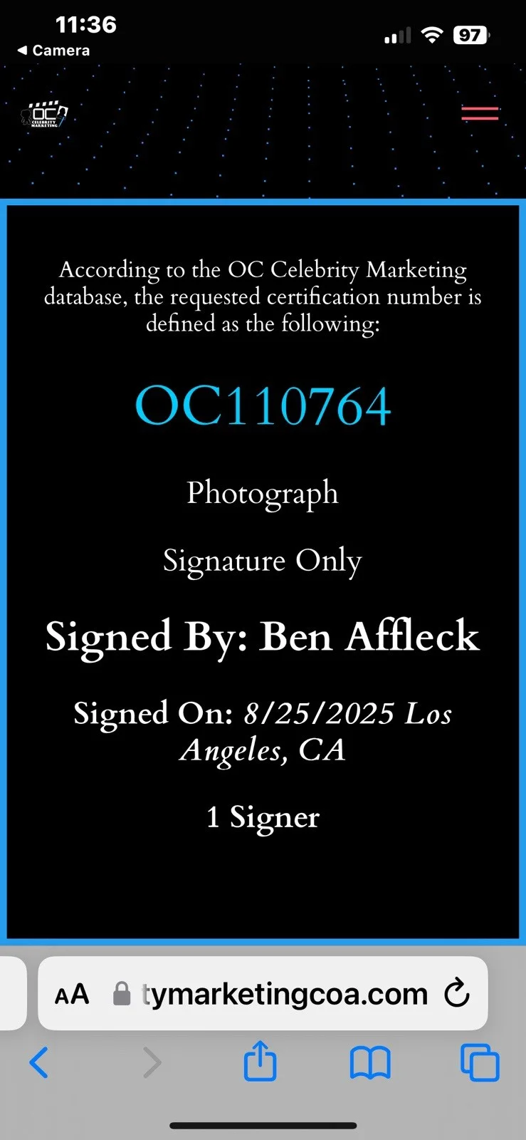 Ben Affleck Signed Autographed Batman 8x10 OCCM & Beckett Witnessed COA, изображение 4