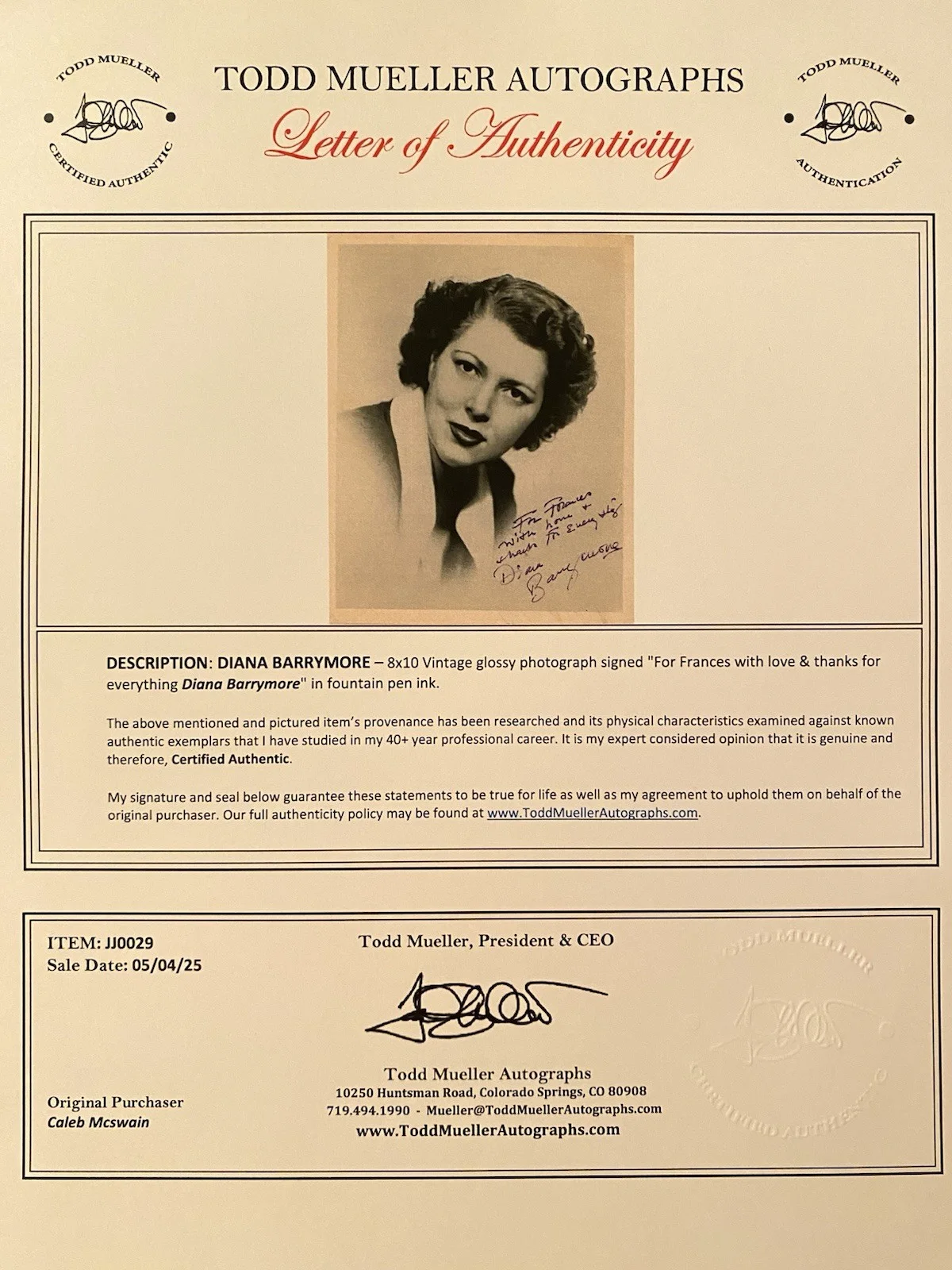 Diana Barrymore — Diana Barrymore Signed Autographed Photo With COA Nightmare Eagle Squadron RARE, изображение 4