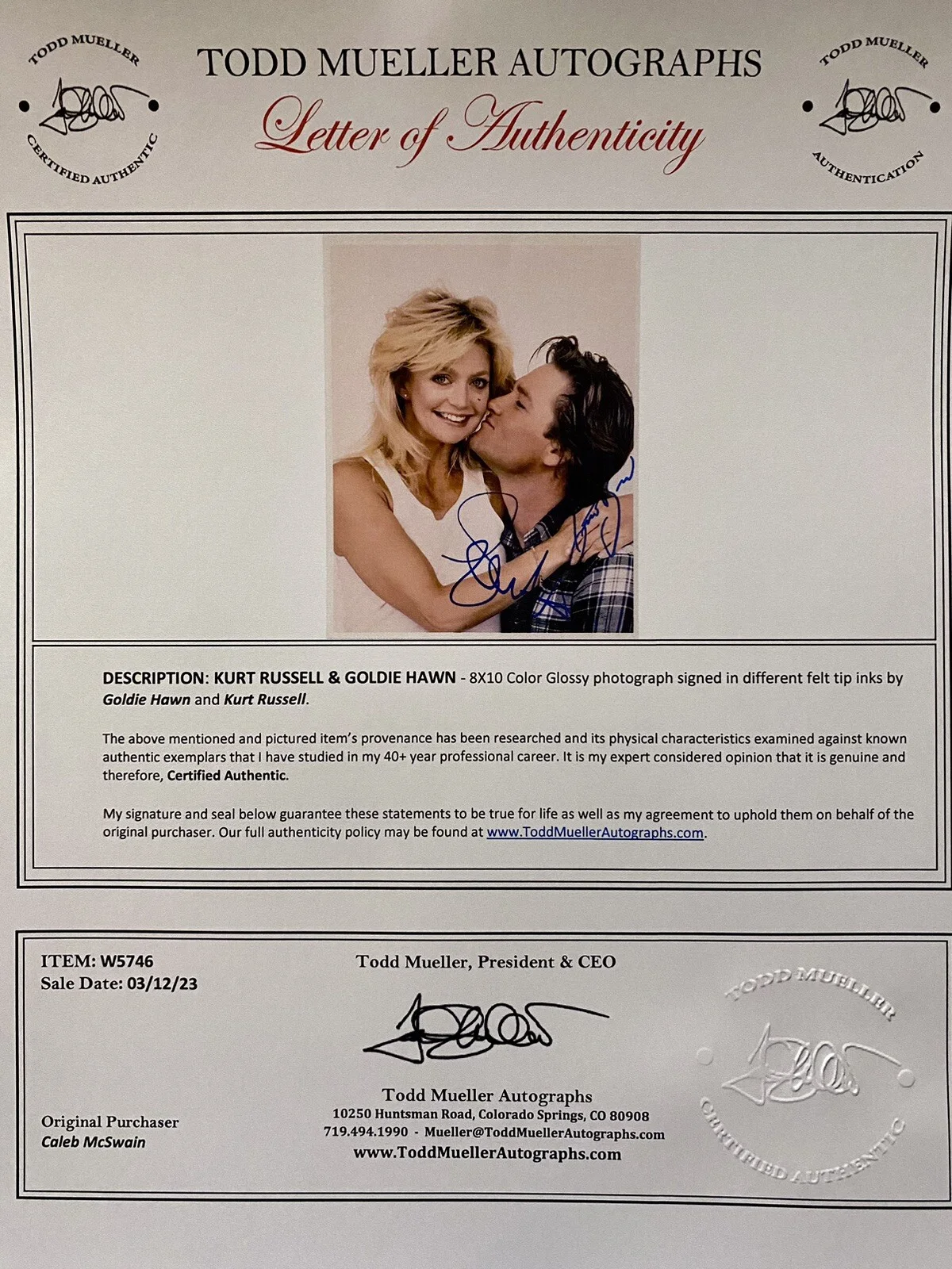 Kurt Russell, Goldie Hawn — Kurt Russell and Goldie Hawn Signed Autographed Photo with COA Overboard, image 4