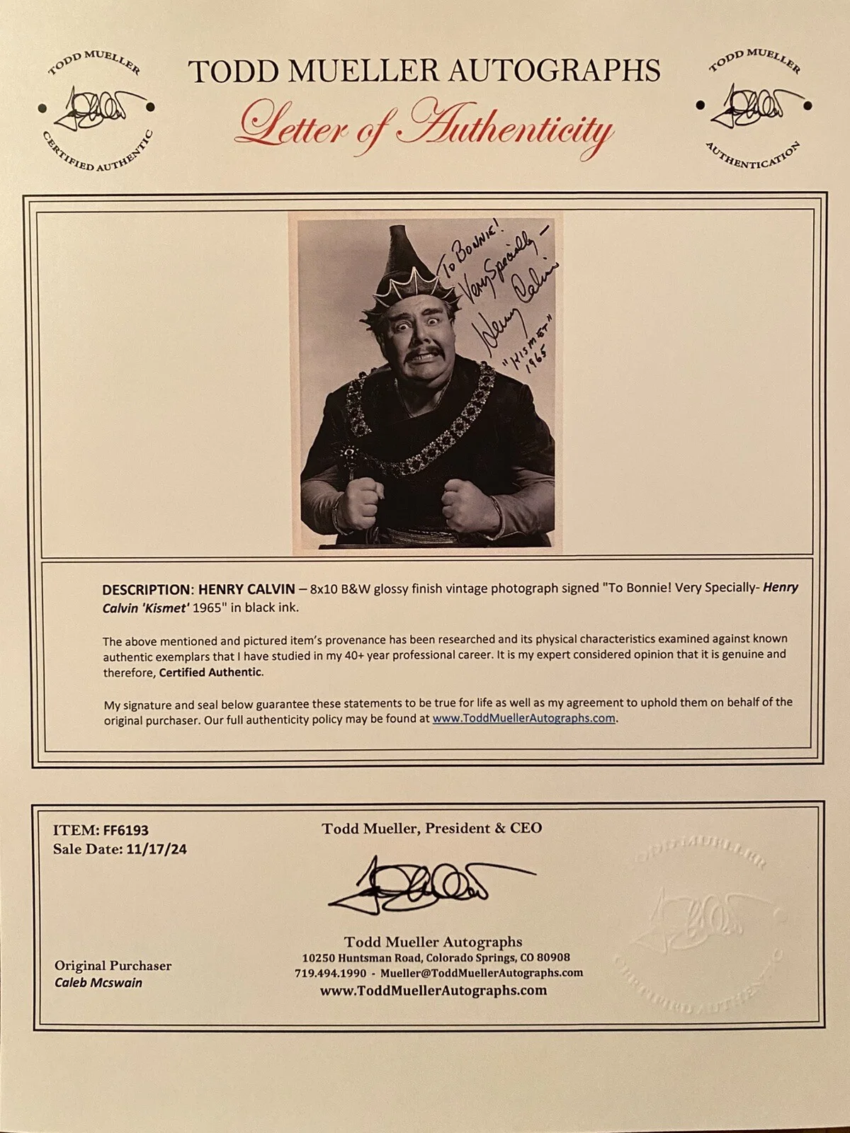 Henry Calvin — Henry Calvin Signed Autographed Photo With COA Zorro Howdy Doody Toby Tyler RARE, изображение 3
