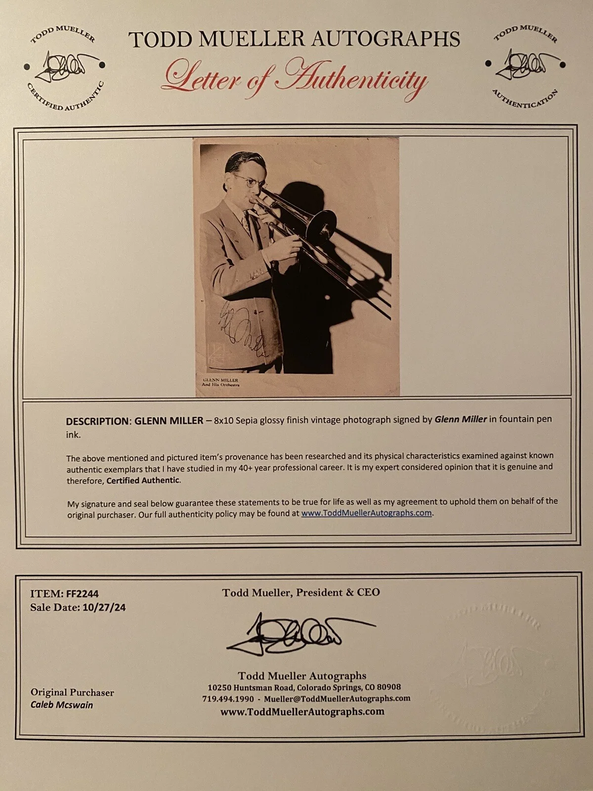 Glenn Miller Signed Autographed Photo With COA VERY RARE Big Bandleader, image 3