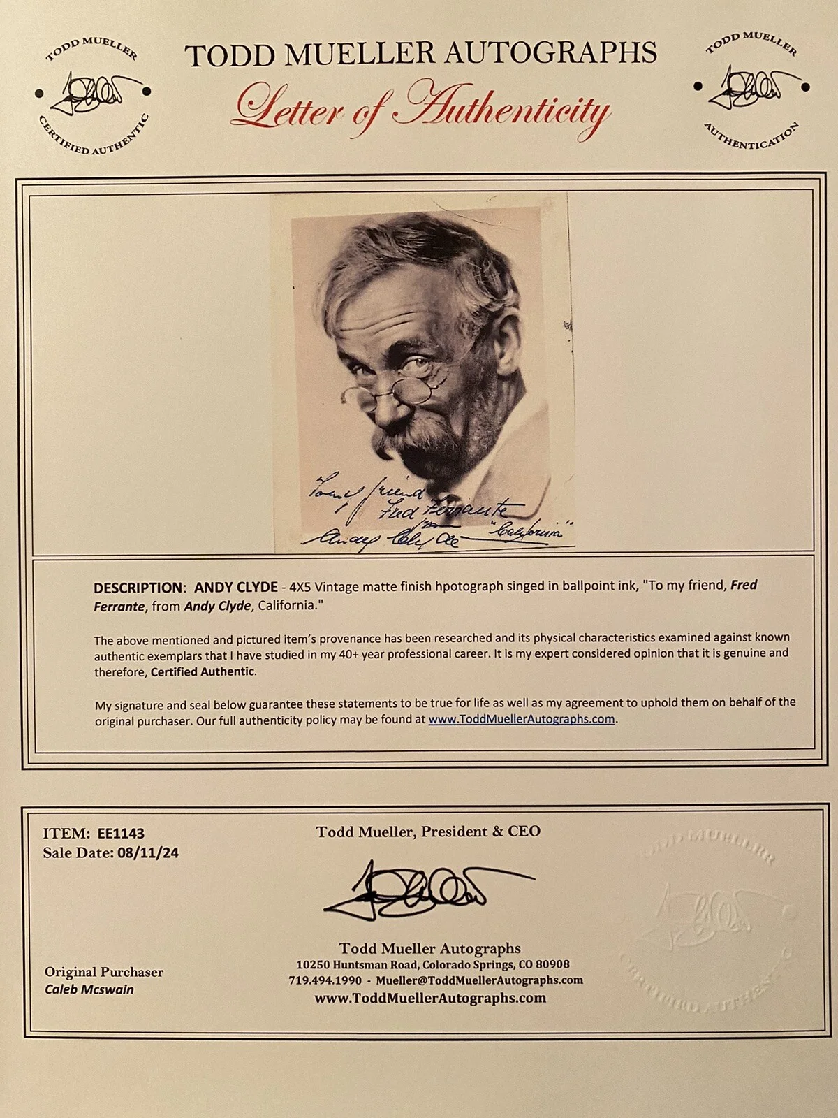 Andy Clyde — Andy Clyde Signed Photo w COA The Andy Griffith Show The Real McCoys Lassie RARE, image 3
