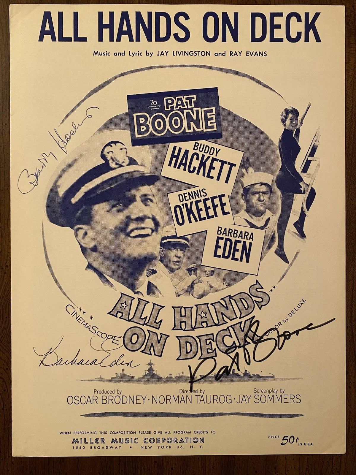 Pat Boone, Barbara Eden, Buddy Hackett — All Hands On Deck Cast Signed Pat Boone Barbara Eden Buddy Hackett With COA RARE