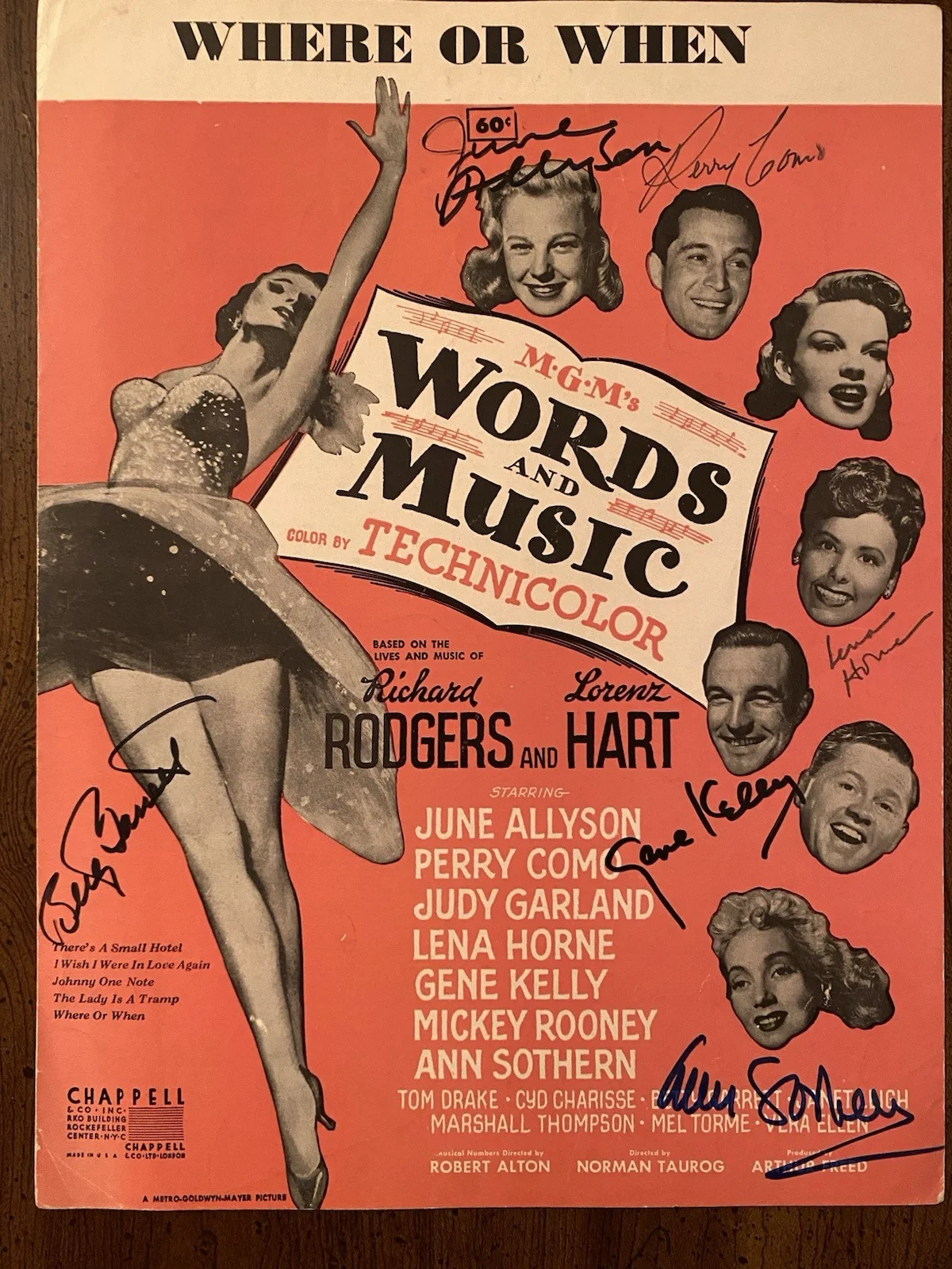 Gene Kelly, June Allyson, Perry Como, Ann Sothern, Etc — Words And Music Vintage Sheet Music Cast Signed Autographed By 6 With COA RARE
