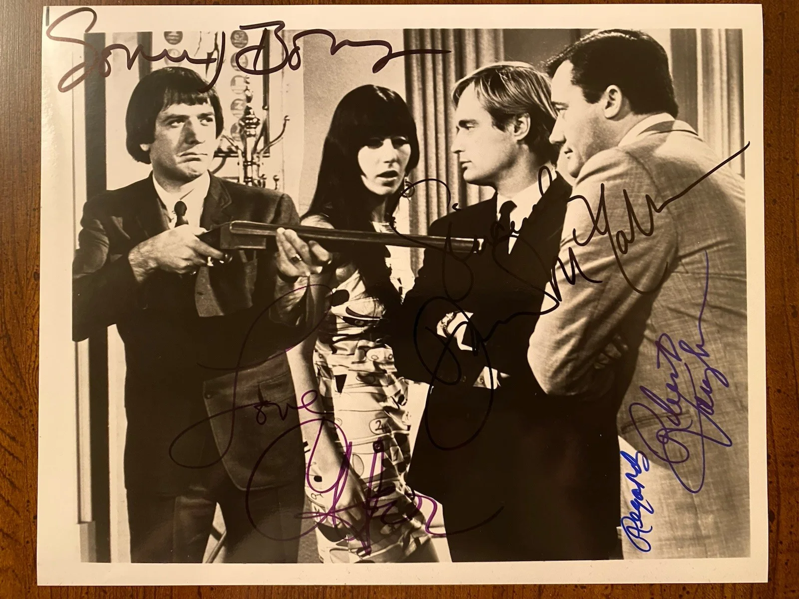 Robert Vaughn, David McCallum, Sonny Bono, Cher — Man From UNCLE Cast Signed Autographed Photo With COA Sonny Bono Cher All 4 RARE