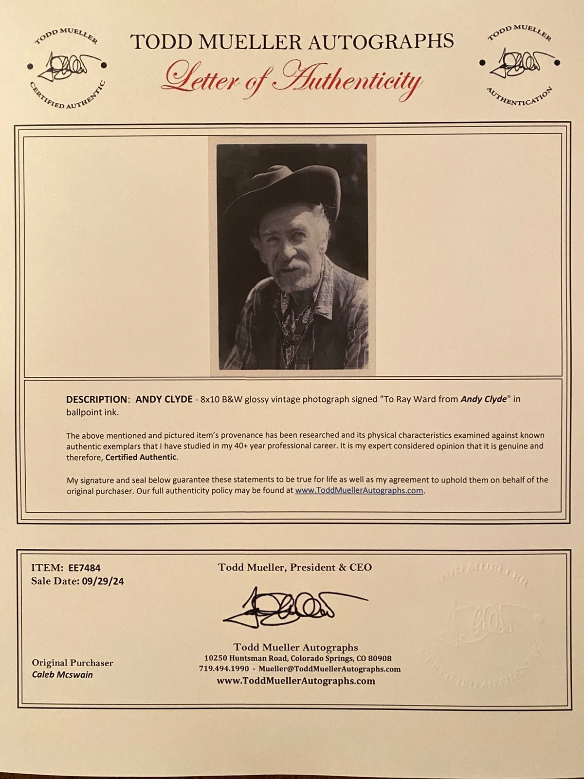 Andy Clyde — Andy Clyde Signed Photo w COA The Andy Griffith Show The Real McCoys Lassie RARE, изображение 4