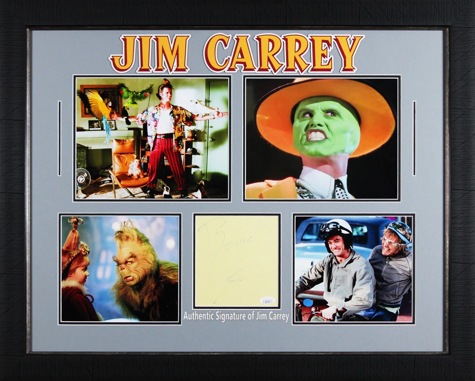 Jim Carrey — Jim Carrey The Mask "Boing!" Signed & Framed 5.5x6 Cut Signature JSA #CE01107
