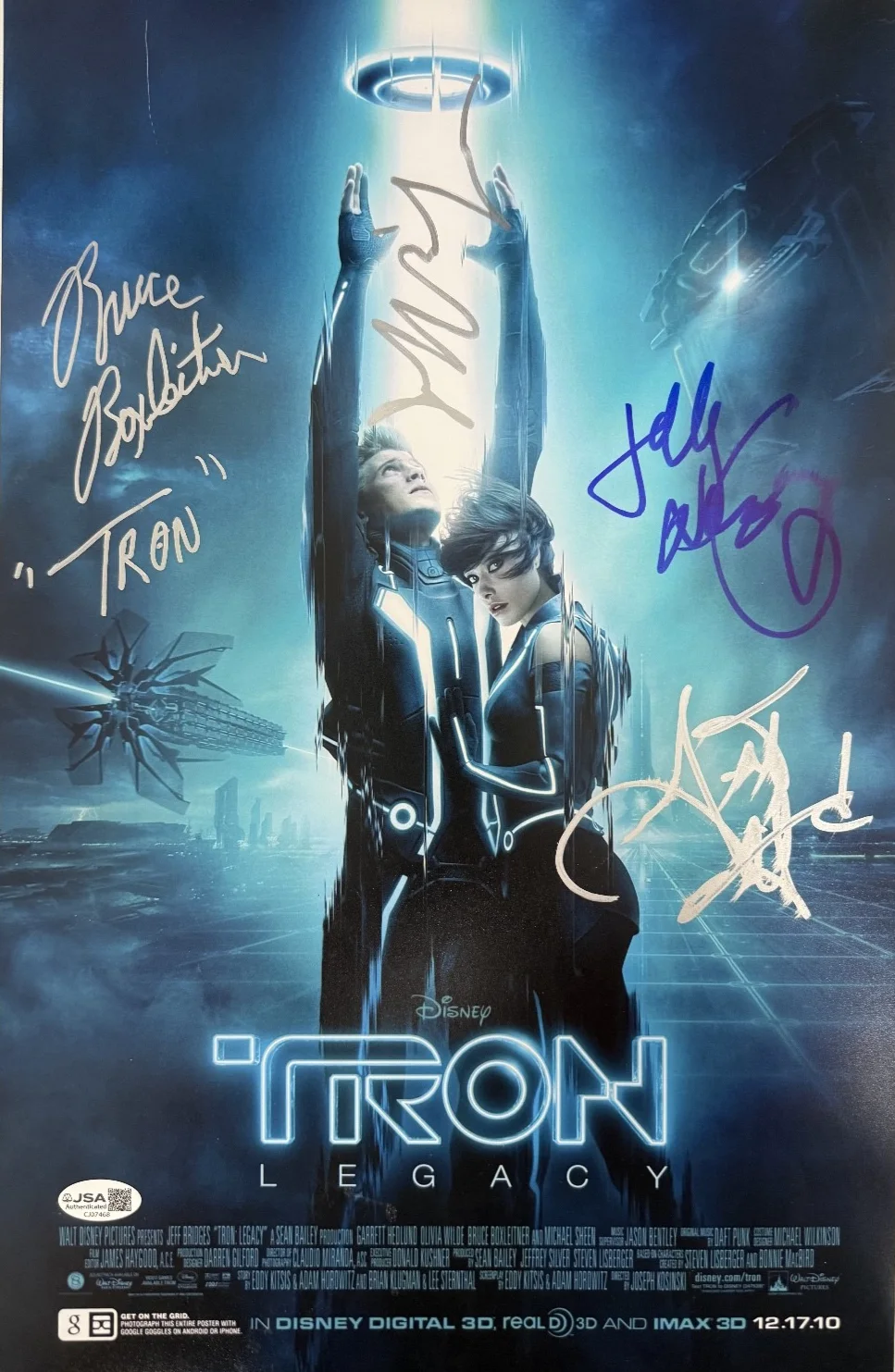Angelina Jolie — TRON LEGACY Hand-Signed x4 "JEFF BRIDGES/ GARRETT HEDLUND" 11x17 Photo (JSA COA)