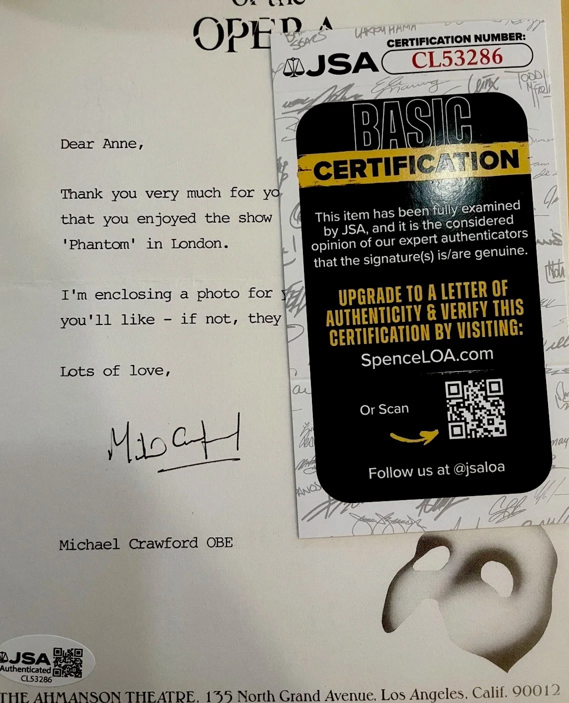 Michael Crawford — Michael Crawford 'Phantom of the Opera' Signed Letter To Fan JSA Certified, изображение 2
