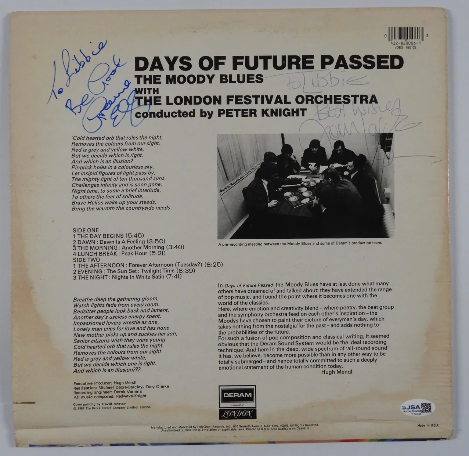 The Moody Blues JSA Signed Autograph Album Vinyl Record Days Of Future Passed, изображение 3