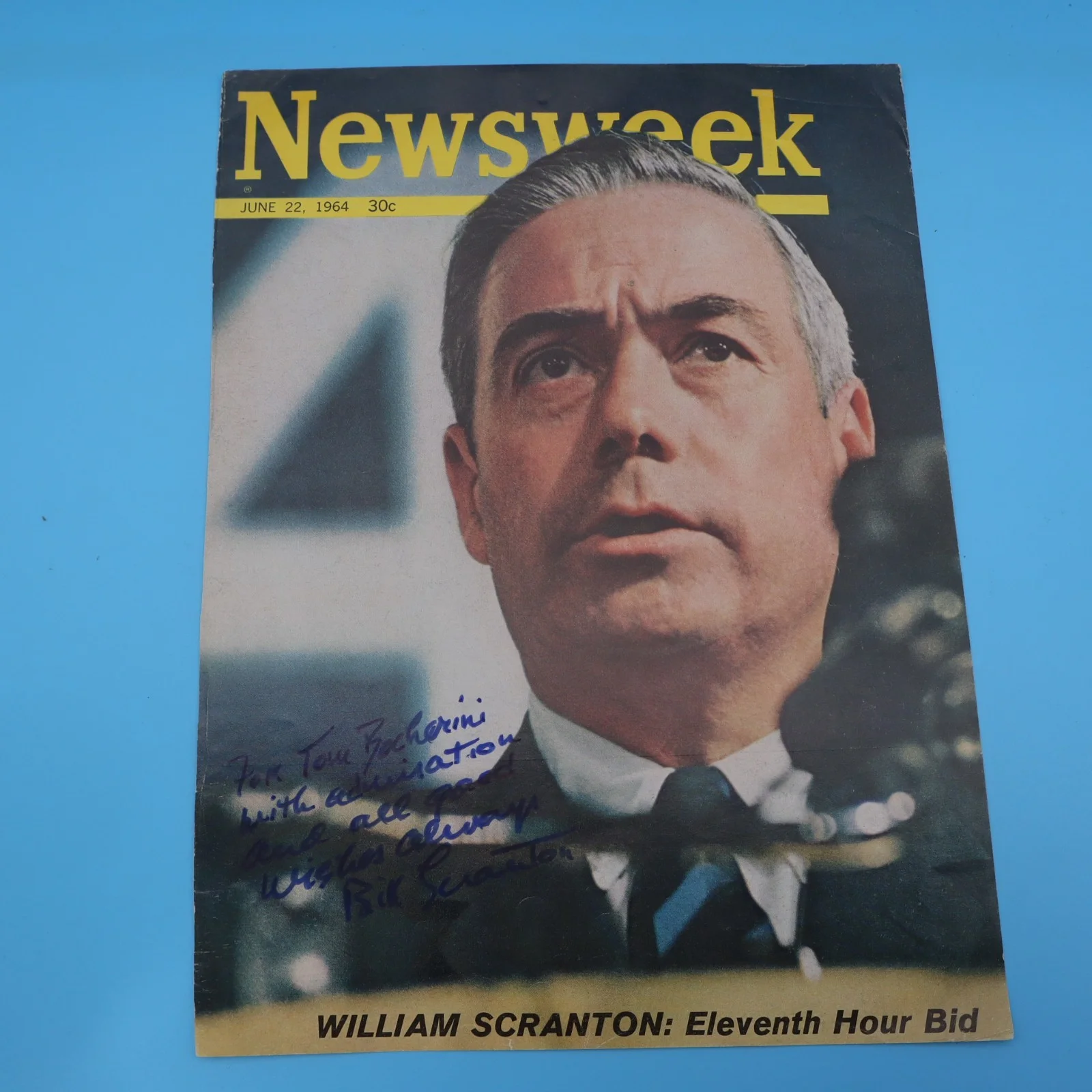 WILLIAM SCRANTON Gov of PA. HAND SIGNED AUTOGRAPHED NEWSWEEK MAGAZINE COVER 1964, изображение 2