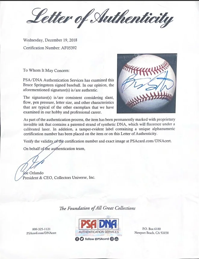 Bruce Springsteen Single Signed/Auto OML/Manfred Baseball PSA/DNA 205887, image 5
