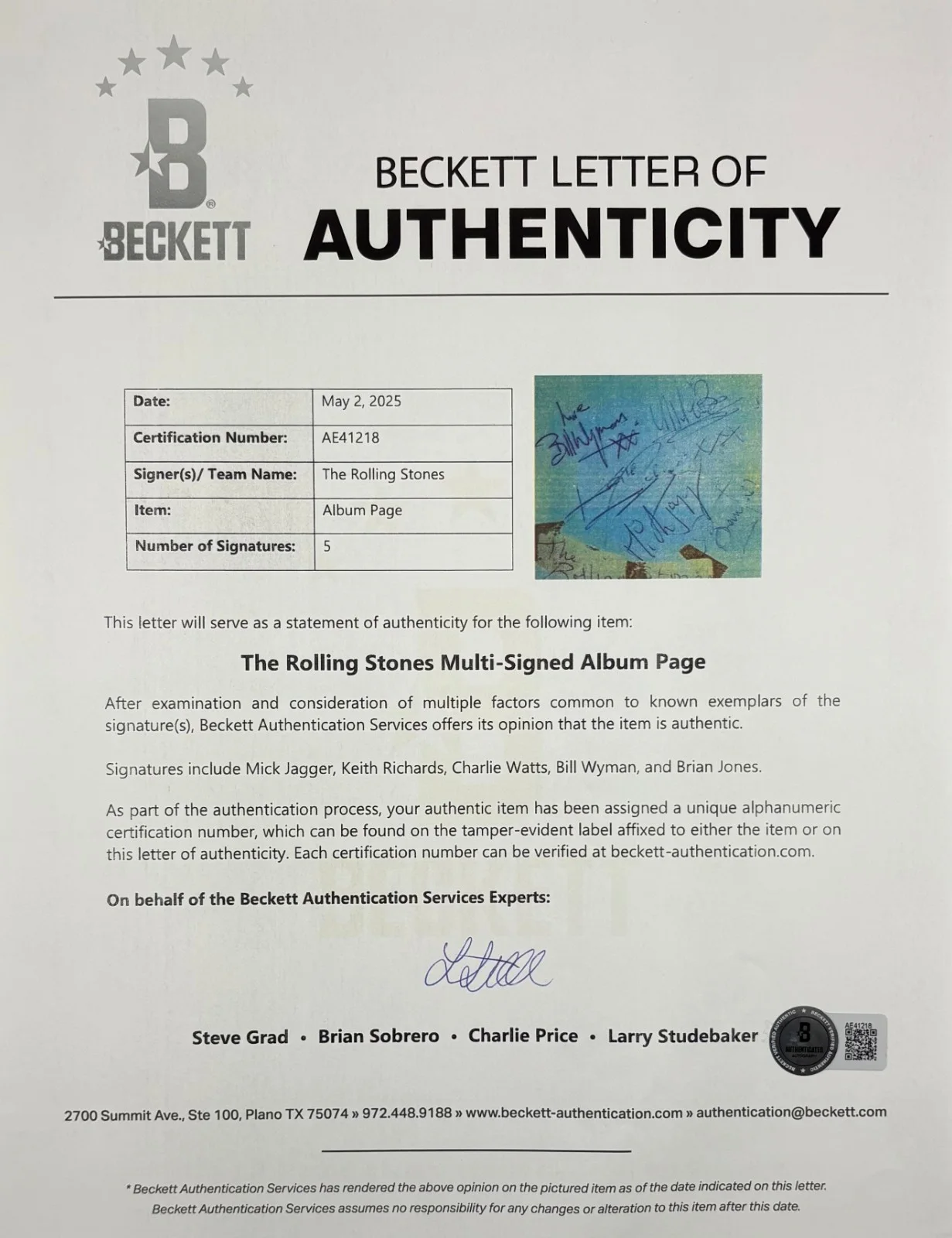 Rolling Stones Signed 4x5 Album Page Jagger Jones Richards +2 Beckett BAS LOA, изображение 2