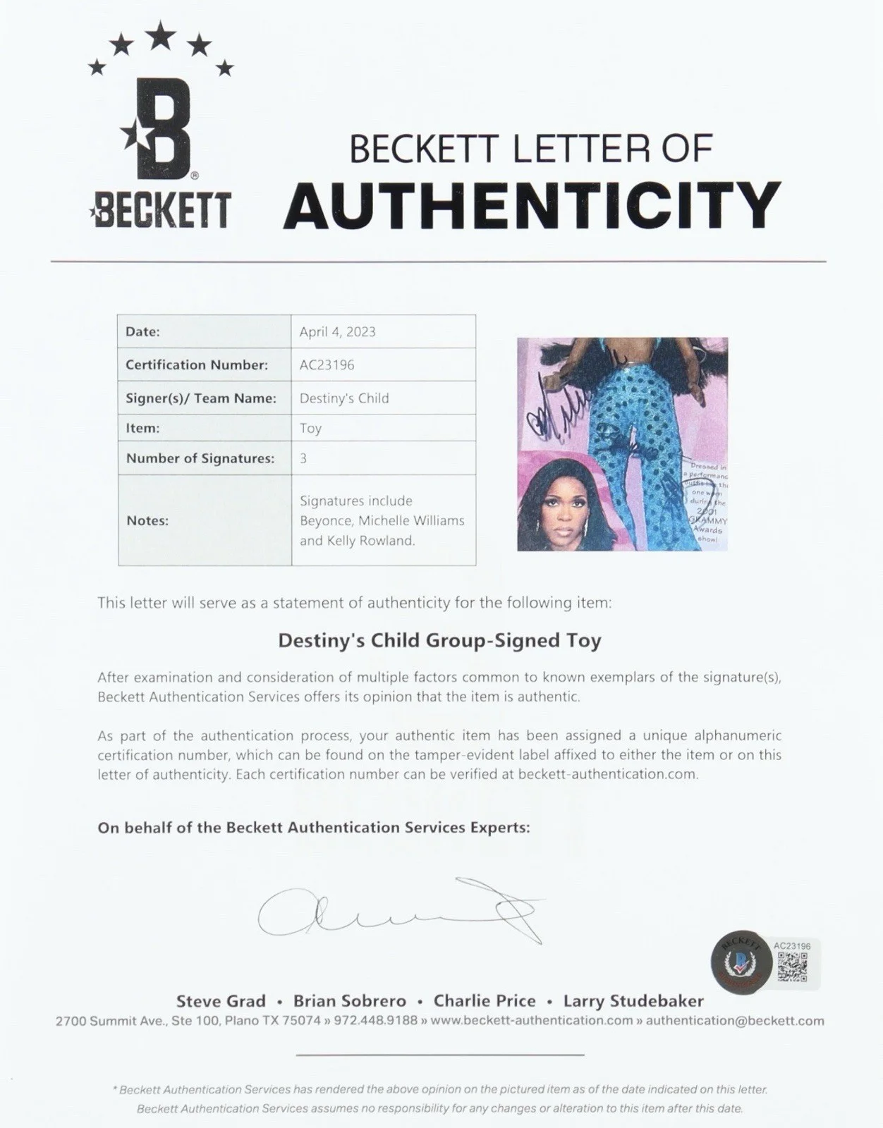 Destiny’s Child Full Band Group Signed Autograph Doll Toy Beckett LOA Beyonce, image 4