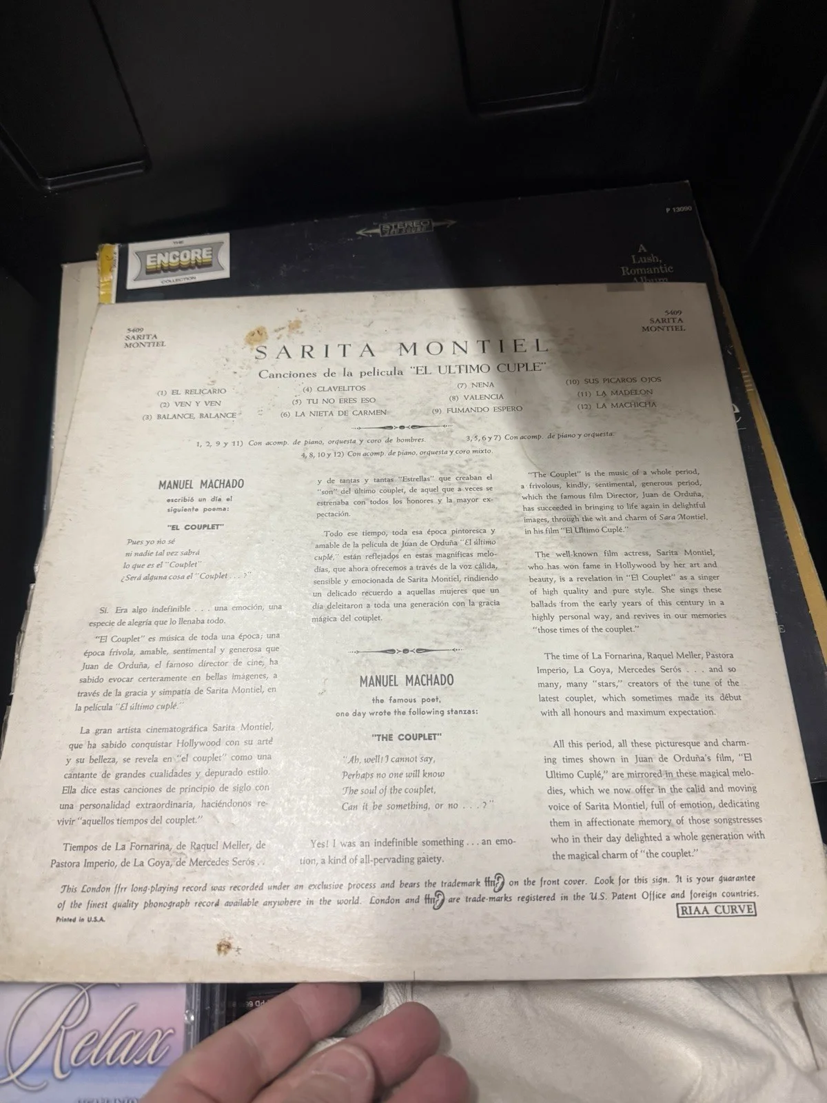 Sarita Montiel-“El Ultimo Cuple”-33 RPM London Records-LL 1772, image 2