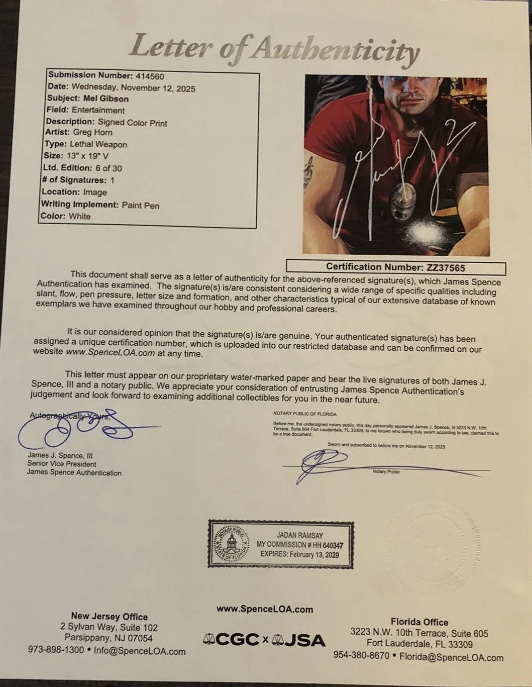 Mel Gibson — Lethal Weapon Mel Gibson Signed 13x19 Photo Greg Horn Print JSA Autograph, image 2