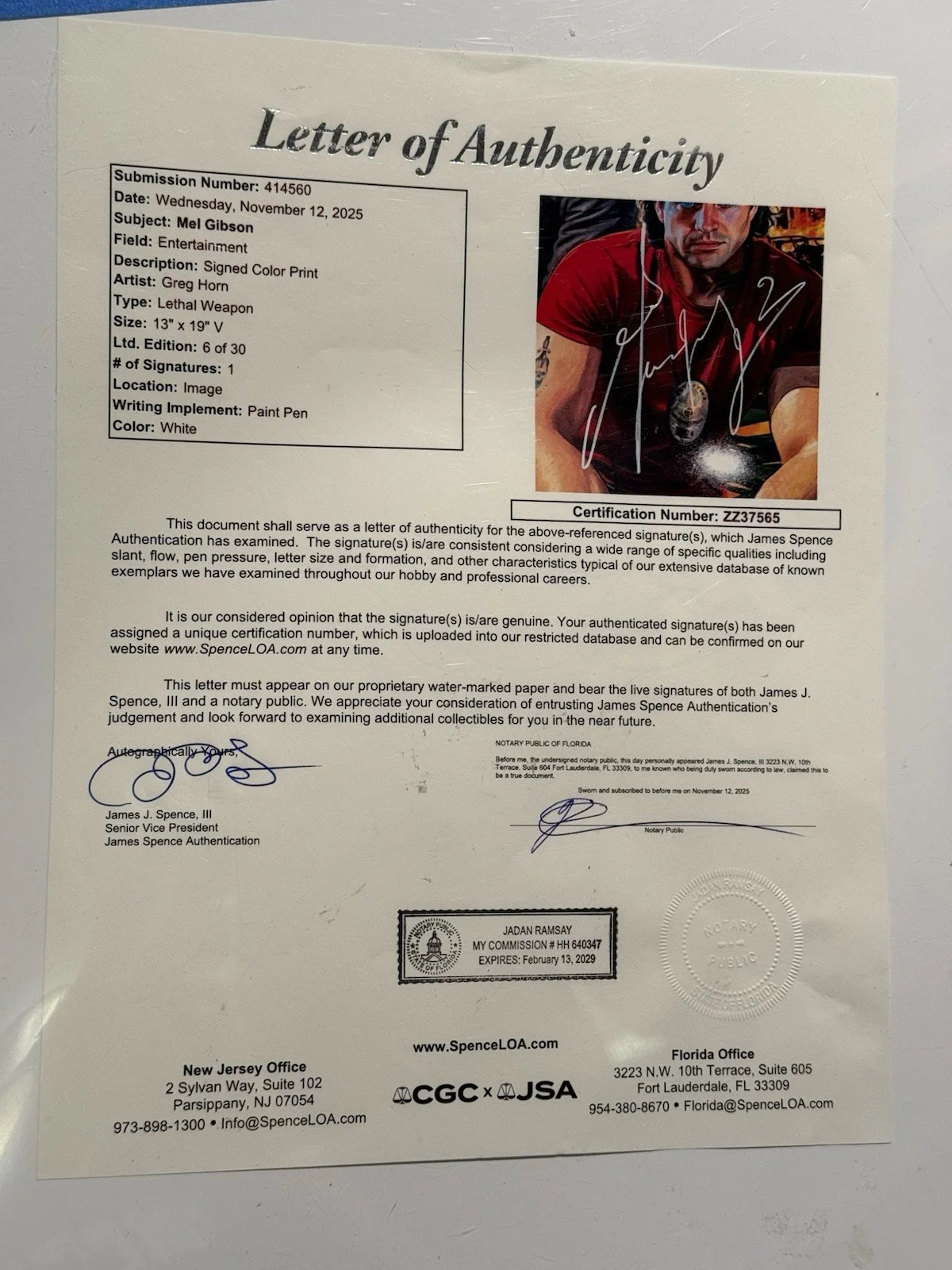 Mel Gibson — Lethal Weapon Mel Gibson Signed 13x19 Photo Greg Horn Print JSA Autograph, image 4