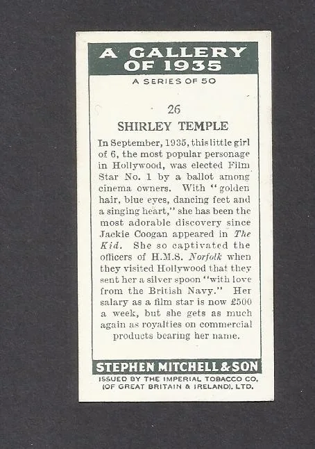 90 YEAR OLD VINTAGE ORIGINAL SHIRLEY TEMPLE CARD HOLLYWOOD FILM STAR 1936 TC2B7, изображение 2