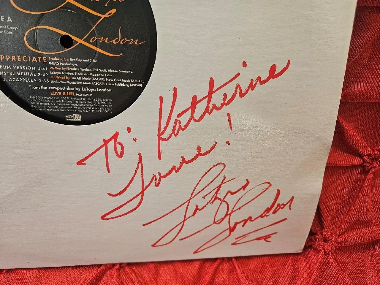 LATOYA LONDON HAND SIGNED RECORD AMERICAN IDOL SINGER APPRECIATE INSCRIBEDW/ COA, image 3