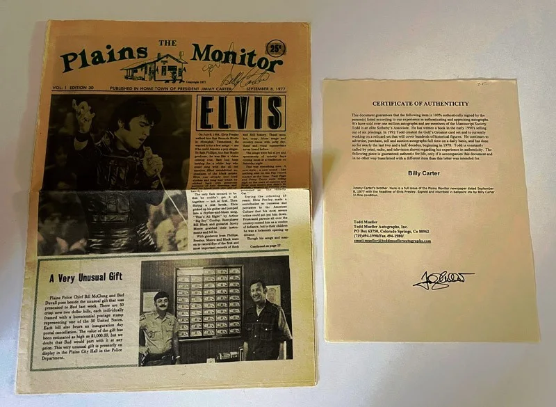 Billy Carter Signed, Jimmy Carter's Brother, Plains Monitor 1977, Elvis COA, изображение 2