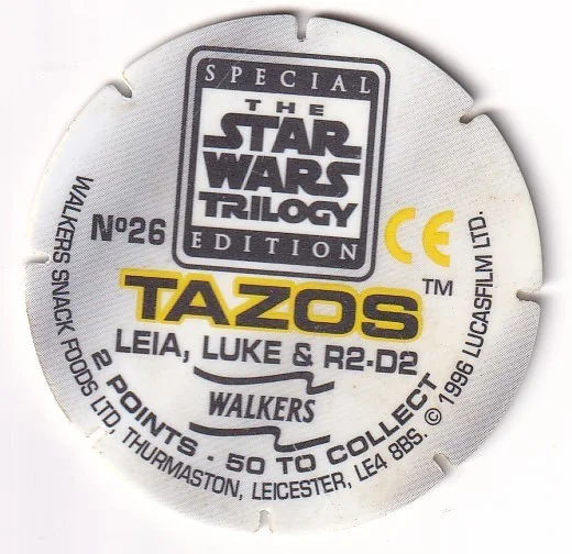 1996 WALKERS - STAR WARS TRILOGY - SINGLE TAZO No 26 LEIA, LUKE & R2-D2, image 2
