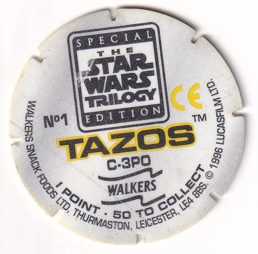 1996 WALKERS - STAR WARS TRILOGY - SINGLE TAZO No 1 C-3PO, изображение 2