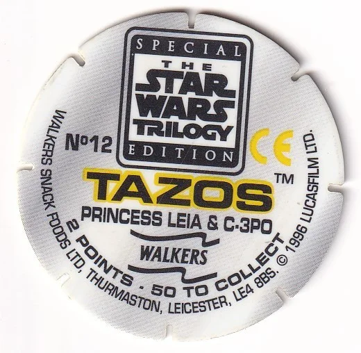 1996 WALKERS - STAR WARS TRILOGY - SINGLE TAZO No 12 PRINCESS LEIA & C-3PO, изображение 2