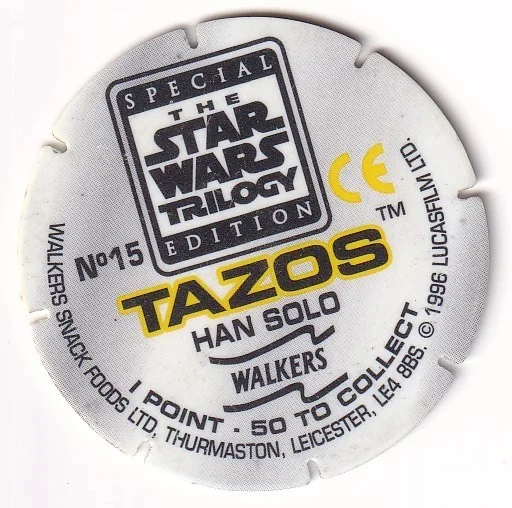 1996 WALKERS - STAR WARS TRILOGY - SINGLE TAZO No 15 HAN SOLO, изображение 2