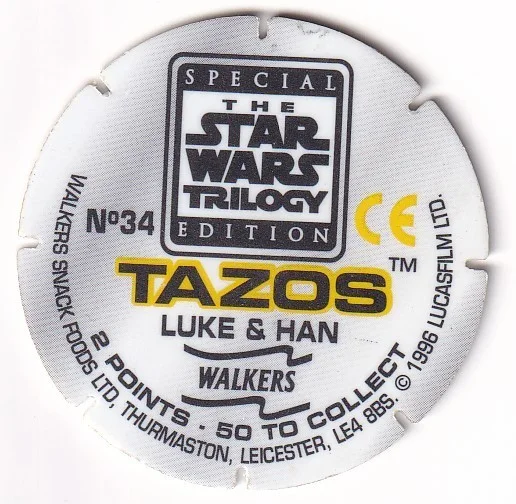 1996 WALKERS - STAR WARS TRILOGY - SINGLE TAZO No 34 LUKE & HAN, изображение 2