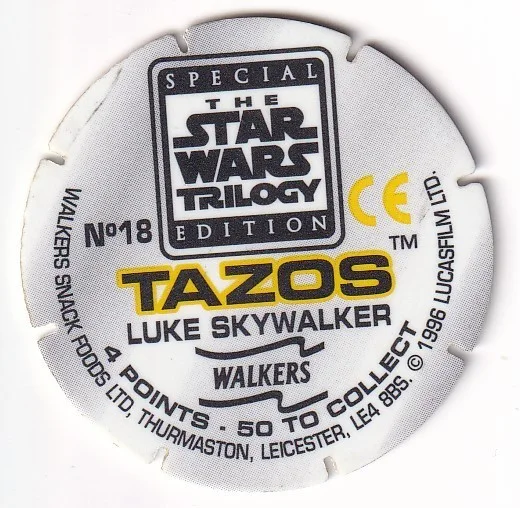 1996 WALKERS - STAR WARS TRILOGY - SINGLE TAZO No 18 LUKE SKYWALKER, изображение 2