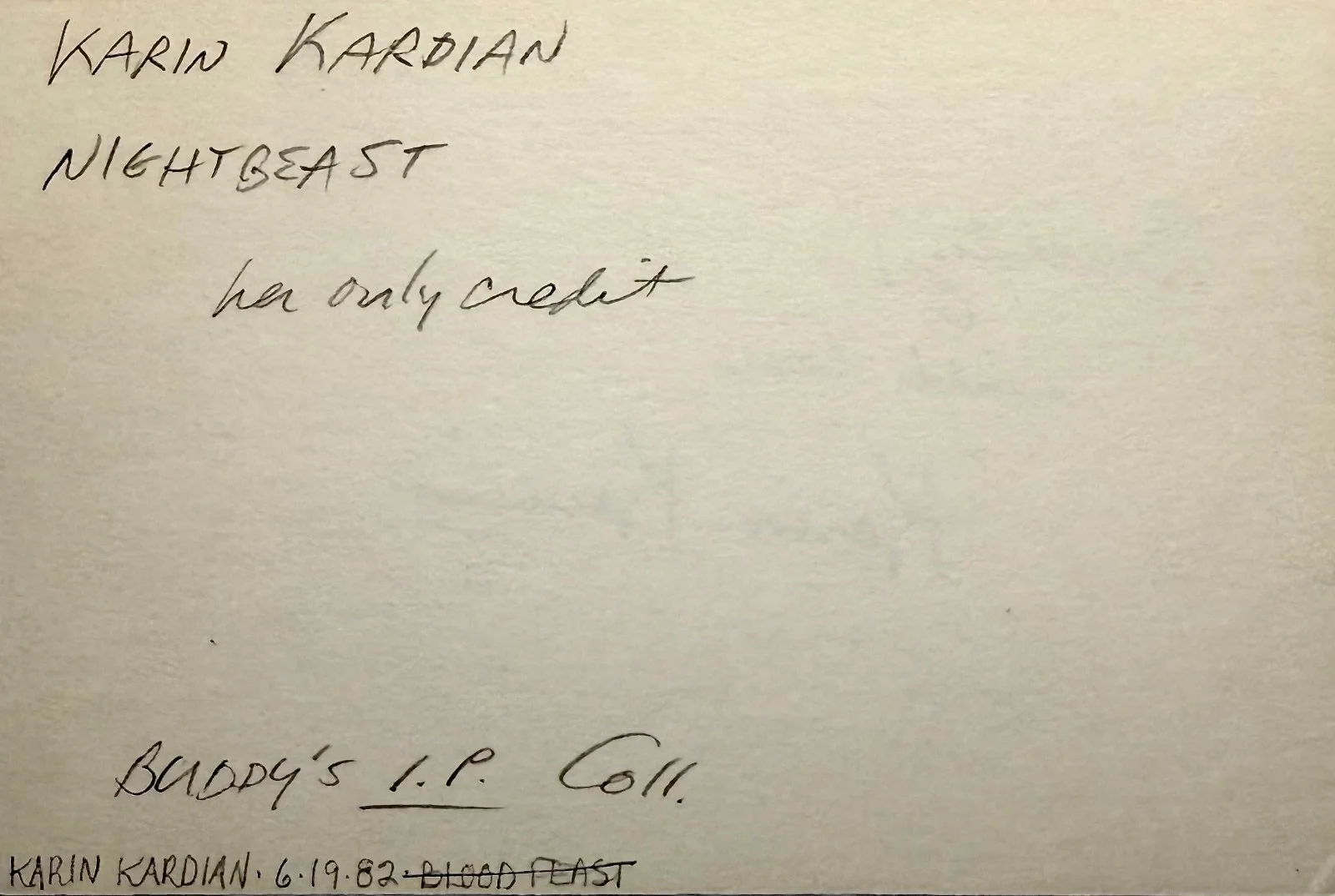 Karin Kardian — KARIN KARDIAN Signed Autographed 4"x 6" INDEX CARD NIGHTBEAST B-HORROR RARE, изображение 2