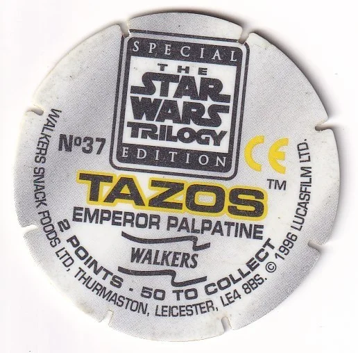 1996 WALKERS - STAR WARS TRILOGY - SINGLE TAZO No 37 EMPORER PALPATINE, изображение 2