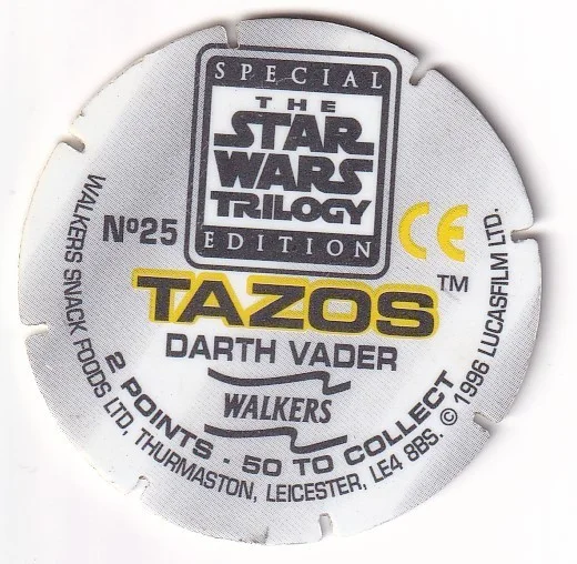 1996 WALKERS - STAR WARS TRILOGY - SINGLE TAZO No 25 DARTH VADER, image 2