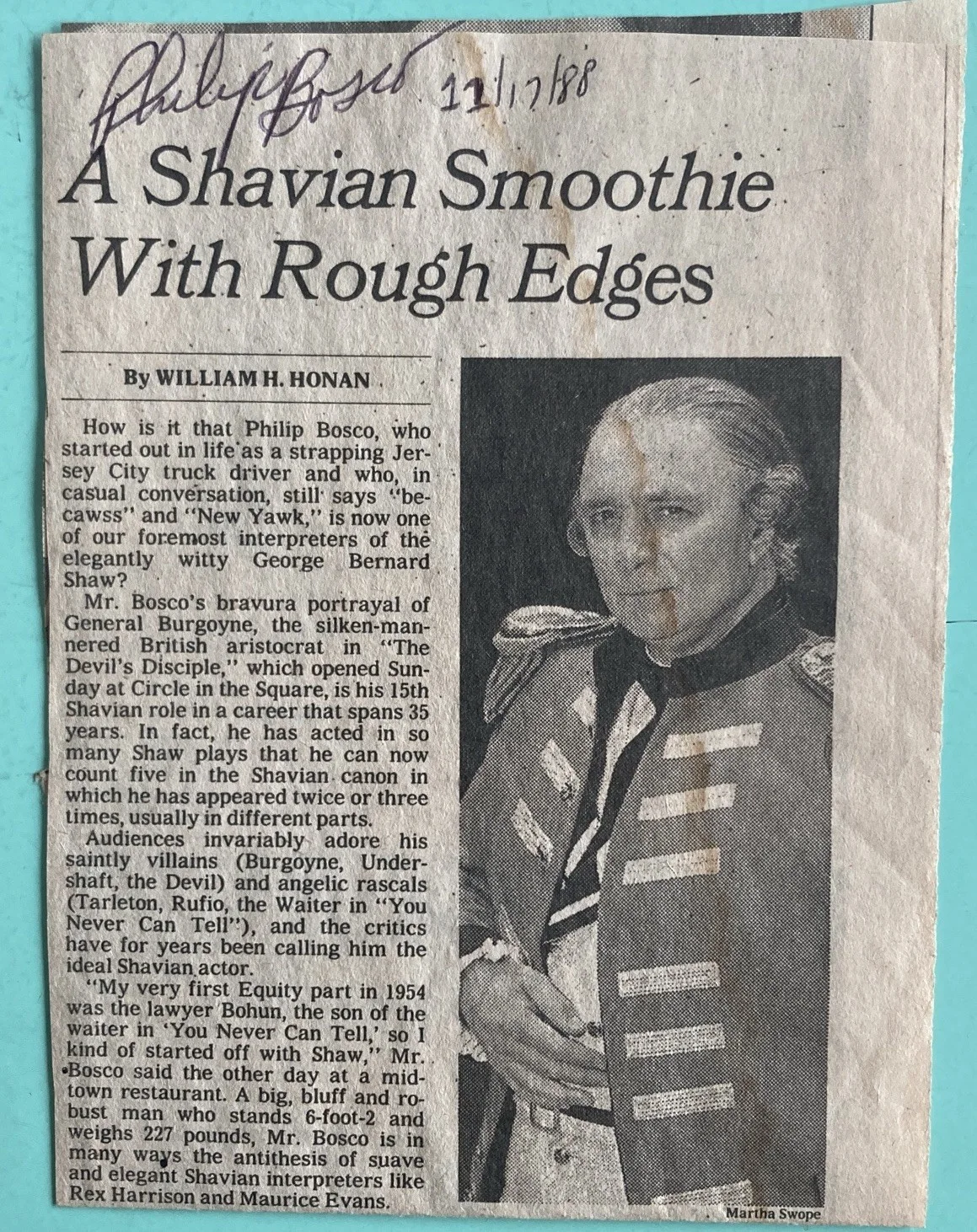 Philip Bosco — Philip Bosco Signed Clipping The New York Times Nov 1988 - The Devil's Disciple
