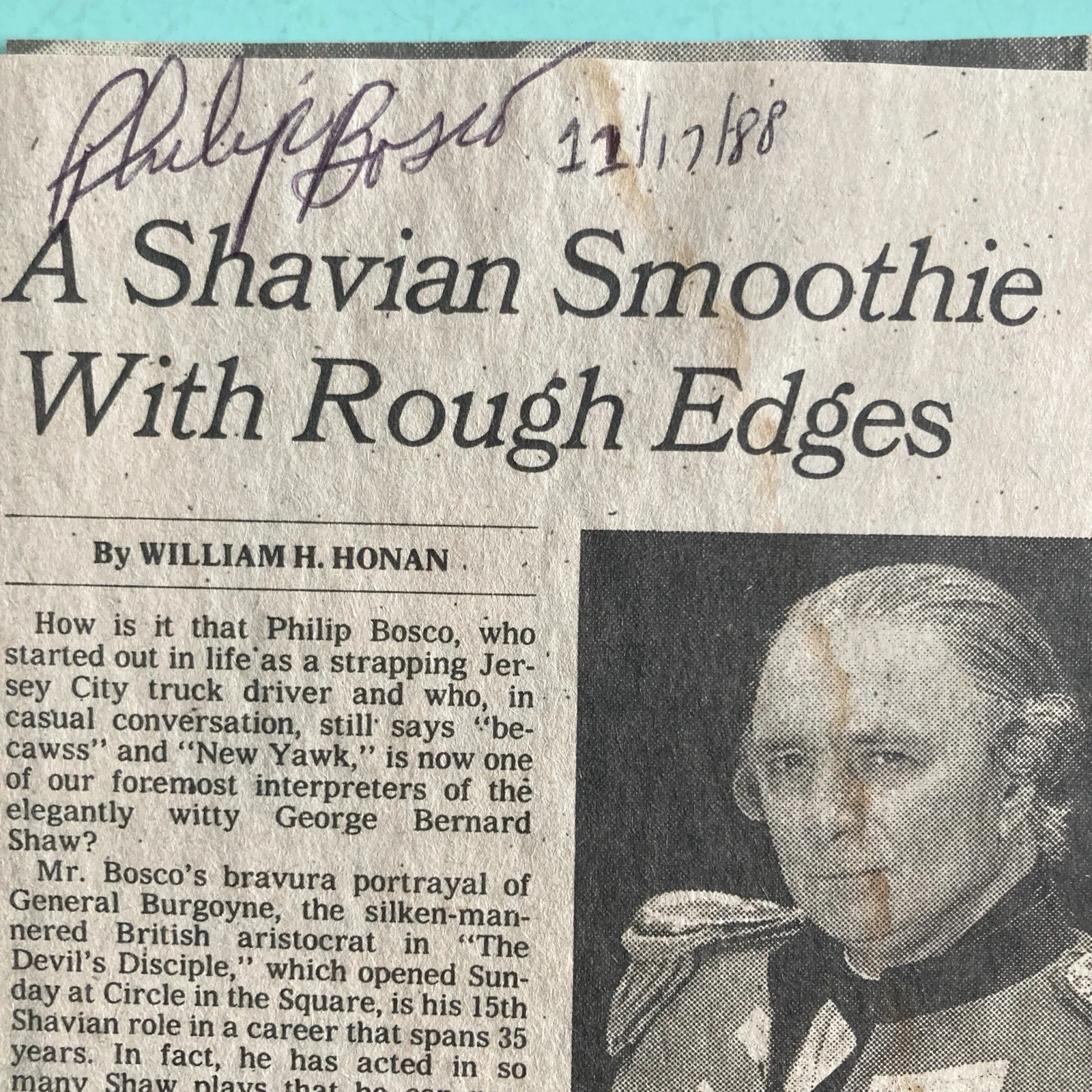 Philip Bosco — Philip Bosco Signed Clipping The New York Times Nov 1988 - The Devil's Disciple, изображение 2