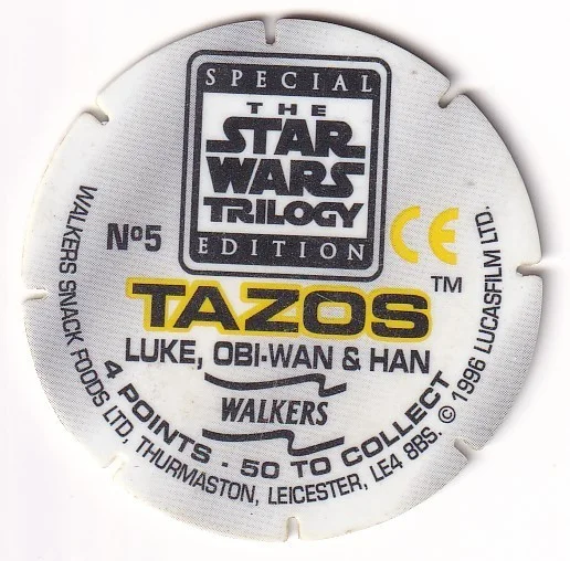1996 WALKERS - STAR WARS TRILOGY - SINGLE TAZO No 5 LUKE, OBI-WAN & HAN, изображение 2