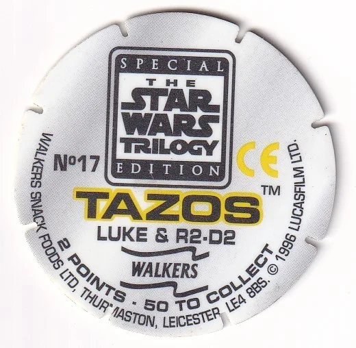 1996 WALKERS - STAR WARS TRILOGY - SINGLE TAZO No 17 LUKE & R2-D2, изображение 2